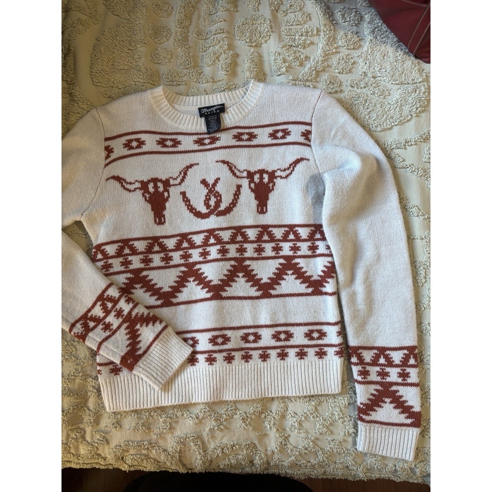 Wrangler Retro Women's SMALL Steer Head western Sweater ivory and burnt orange